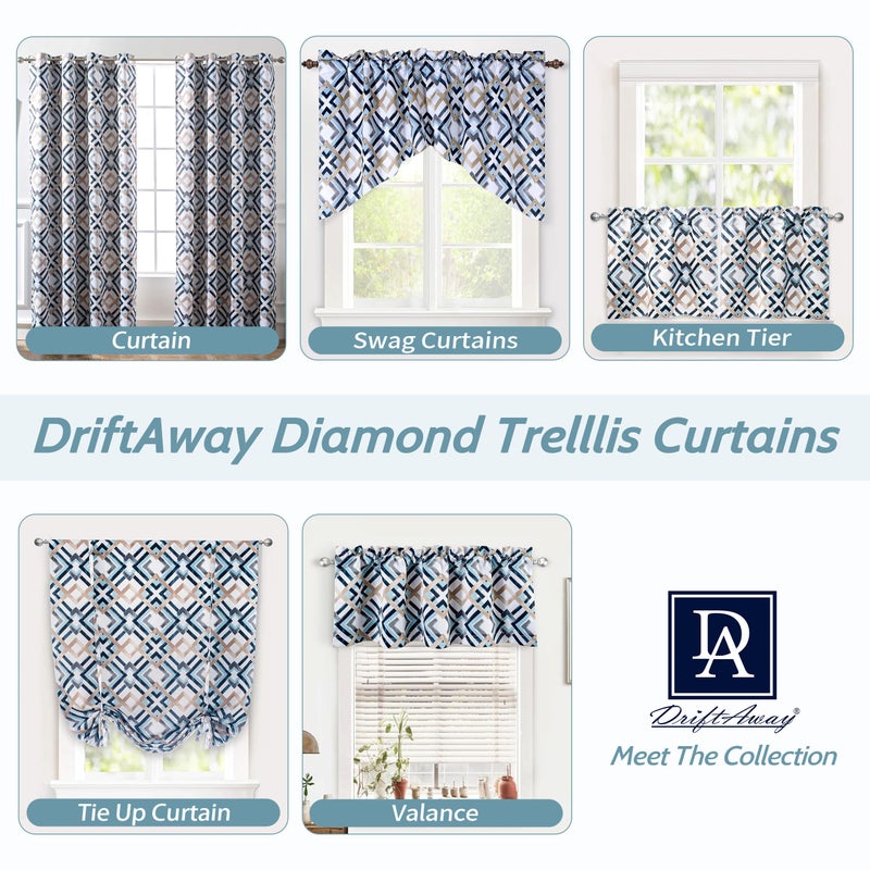DriftAway Diamond Trellis Watercolor Geometric Checker Plaid Pattern Blackout Thermal Insulated Energy Saving Window Curtain Valance Rod Pocket Single 52 Inch by 18 Inch Plus 2 Inch Header Navy - Image 5